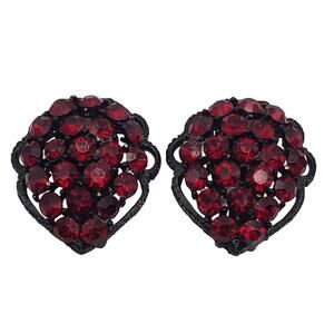 Weiss Ruby Red Rhinestone Earrings Heart Berry Clip On Japanned Victorian Gothic
